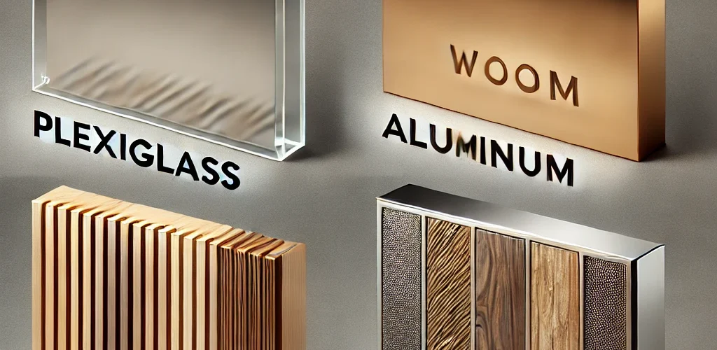 "مقایسه متریال‌های مختلف در ساخت تابلوهای راهنما برای لابی‌ها: پلکسی گلاس، آلومینیوم، چوب و فلز"